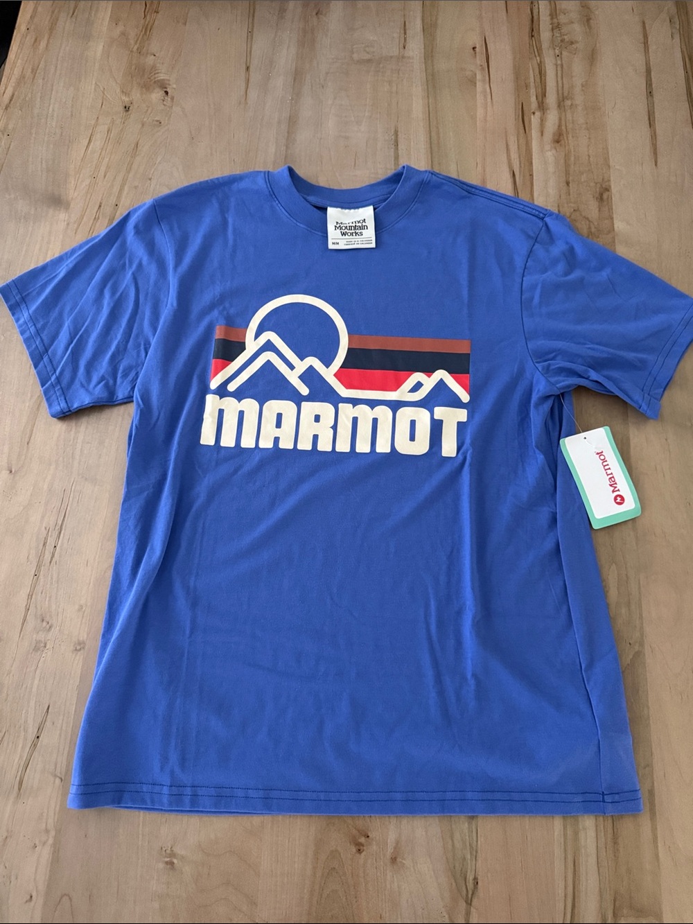 Marmot Royal Blue Short-Sleeve Logo Tee with Red and Black Stripes